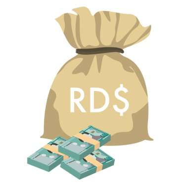 Dominik Peso Vektör İllüstrasyonu. Dominik Cumhuriyeti parası tomarla para biriktirdi. Para çantası 500 DOP. Düz stil. Beyaz arka planda izole edilmiş. Basit minimal tasarım.