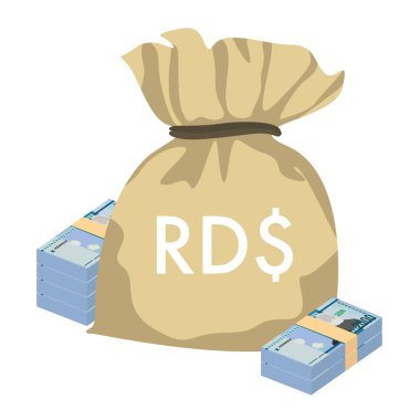 Dominik Peso Vektör İllüstrasyonu. Dominik Cumhuriyeti parası tomarla para biriktirdi. Para çantası 2000 DOP. Düz stil. Beyaz arka planda izole edilmiş. Basit minimal tasarım.