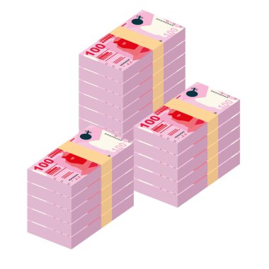 Hong Kong Dolarlık Vektör İllüstrasyonu. Hong Kong, Macau parası, tomarla para. Kağıt para 100 HKD. Düz stil. Beyaz arka planda izole edilmiş. Basit minimal tasarım.