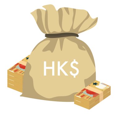 Hong Kong Dolarlık Vektör İllüstrasyonu. Hong Kong, Macau parası, tomarla para. Para çantası 1000 HKD. Düz stil. Beyaz arka planda izole edilmiş. Basit minimal tasarım.