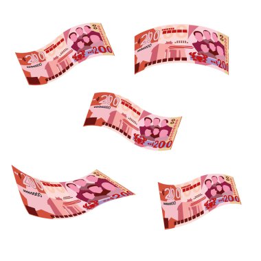 Gana Cedi Vektör İllüstrasyonu. Ghanaian parası tomarla para ayarladı. Düşen, uçan para 200 GHS. Düz stil. Beyaz arka planda izole edilmiş. Basit minimal tasarım.