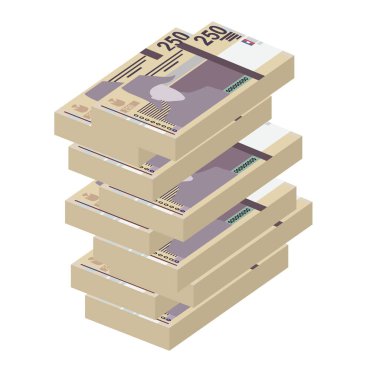 Haitili Gurme Vektör İllüstrasyonu. Haiti parası tomarla banknot hazırladı. Kağıt para 250 HTG. Düz stil. Beyaz arka planda izole edilmiş. Basit minimal tasarım.