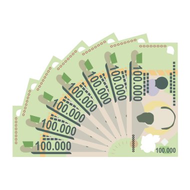 Vietnam Dong Vektör İllüstrasyonu. Vietnam parası tomarla para biriktirdi. Kağıt para 100000 VND. Düz stil. Beyaz arka planda izole edilmiş. Basit minimal tasarım.