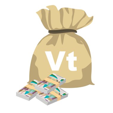 Vatu Vektör İllüstrasyonu. Vanuatu parası demet banknotlar hazırladı. Para çantası 1000 VUV. Düz stil. Beyaz arka planda izole edilmiş. Basit minimal tasarım.