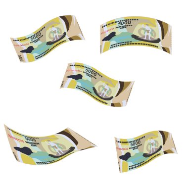 Vatu Vektör İllüstrasyonu. Vanuatu parası demet banknotlar hazırladı. Düşen, uçan para 5000 VUV. Düz stil. Beyaz arka planda izole edilmiş. Basit minimal tasarım.