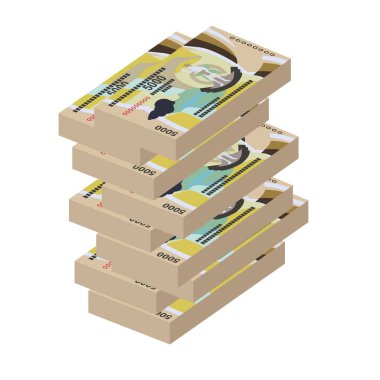 Vatu Vektör İllüstrasyonu. Vanuatu parası demet banknotlar hazırladı. Kağıt para 5000 VUV. Düz stil. Beyaz arka planda izole edilmiş. Basit minimal tasarım.