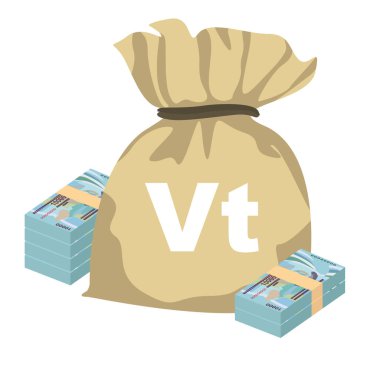 Vatu Vektör İllüstrasyonu. Vanuatu parası demet banknotlar hazırladı. Para çantası 10000 VUV. Düz stil. Beyaz arka planda izole edilmiş. Basit minimal tasarım.