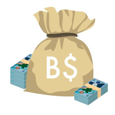 Brunei Dolar Vektör İllüstrasyonu. Brunei parası demet banknotlar hazırladı. Para çantası 1 BND. Düz stil. Beyaz arka planda izole edilmiş. Basit minimal tasarım.