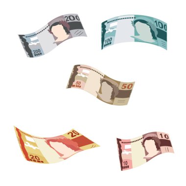 Brezilyalı Gerçek Vektör İllüstrasyonu. Brezilya parası demet banknotlar hazırladı. Düşen, uçan para 10, 20, 50, 100, 200 BRL. Düz stil. Beyaz arka planda izole edilmiş. Basit minimal tasarım.