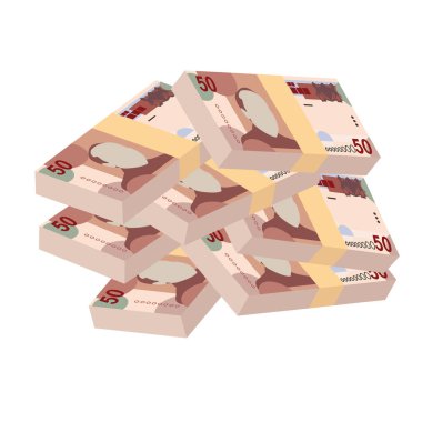 Pula Vektör İllüstrasyonu. Botswana parası tomarla para ayarladı. Kağıt para 50 BWP. Düz stil. Beyaz arka planda izole edilmiş. Basit minimal tasarım.