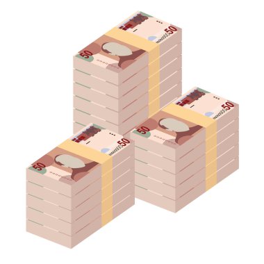 Pula Vektör İllüstrasyonu. Botswana parası tomarla para ayarladı. Kağıt para 50 BWP. Düz stil. Beyaz arka planda izole edilmiş. Basit minimal tasarım.