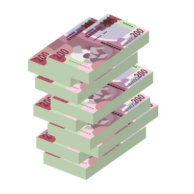 Pula Vektör İllüstrasyonu. Botswana parası tomarla para ayarladı. Kâğıt parası 200 BWP. Düz stil. Beyaz arka planda izole edilmiş. Basit minimal tasarım.