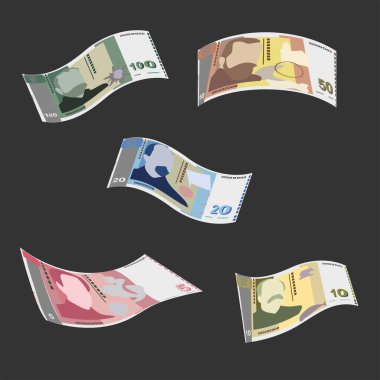 Bulgar Lev Vector Illustration. Bulgaristan 'ın parası tomarla para biriktirdi. Para çantası 5, 10, 20, 50, 100 BGN. Düz stil. Beyaz arka planda izole edilmiş. Basit minimal tasarım.