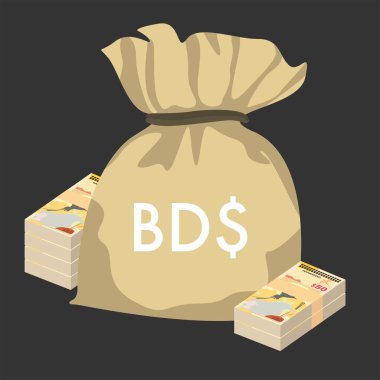 Bermuda Doları Vektör İllüstrasyonu. Bermuda parası tomarla para ayarladı. Para çantası 50 BMD. Düz stil. Beyaz arka planda izole edilmiş. Basit minimal tasarım.