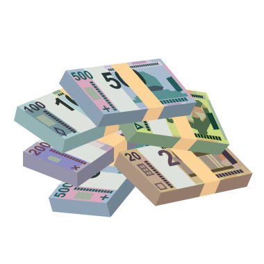 Belarusian ruble Vector Illustration. Belarus money set bundle banknotes. Paper money 20, 50, 100, 200, 500 BYN. Flat style. Isolated on white background. Simple minimal design. clipart