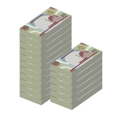 Bahraini Dinar Vektör İllüstrasyonu. Bahreyn parası demet banknotlar hazırladı. Kağıt para 20 BHD. Düz stil. Beyaz arka planda izole edilmiş. Basit minimal tasarım.