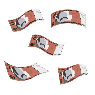 Ermeni Dram Vektör İllüstrasyonu. Ermenistan, Artsakh parası, tomarla para. Düşen, uçan para 5000 AMD. Düz stil. Beyaz arka planda izole edilmiş. Basit minimal tasarım.