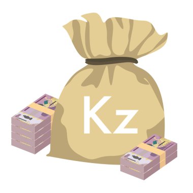 Angola Kwanza Vektör İllüstrasyonu. Angola parası tomarla para ayarladı. Para çantası 1000 AOA. Düz stil. Beyaz arka planda izole edilmiş. Basit minimal tasarım