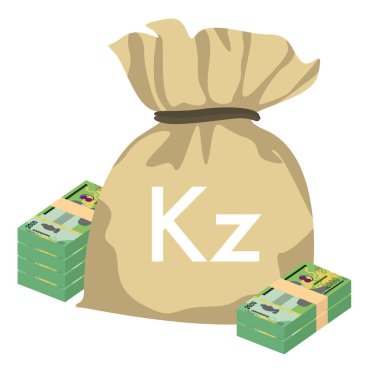 Angolan Kwanza Vector Illustration. Angola money set bundle banknotes. Money bag 2000 AOA. Flat style. Isolated on white background. Simple minimal design clipart