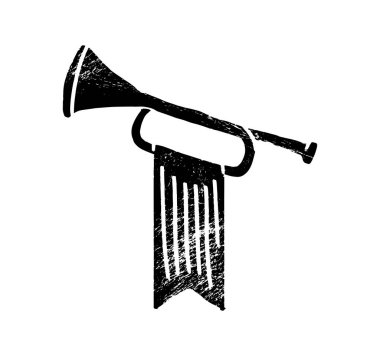 Beyaz arka planda izole edilmiş müzik aletleri trompet çalar. Müzik için muzaffer bayrak taşıyan kraliyet törenleri. Vektör illüstrasyonu