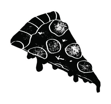 Beyaz arka planda izole edilmiş bir pizzanın çizimi. Pizza dilimi, salam, mantar, fesleğen yaprağı ve eritilmiş peynir pizza paketi ve menü tasarımları. Desenli Vektör illüstrasyonu.