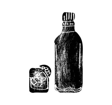 Bardak, şişe cin ve böğürtlenli ardıç. Etiket, poster ve web için klasik vektör renk gravürleri. Beyaz arkaplanda izole