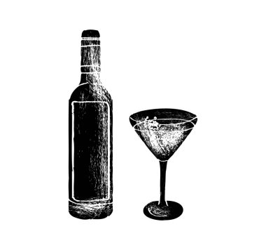 Beyaz arka planda bir şişe şarap ve bir kadeh şarap. Vektör illüstrasyonu