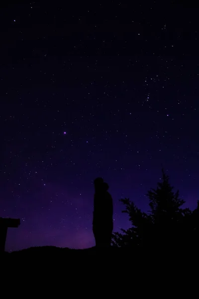 Silhouette of a person looking at the dark night sky with a lot of stars.