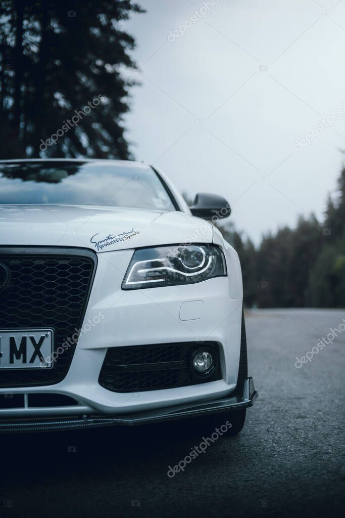 Bulgaria - 10 02 2024: Front angle view of an Audi S4 headlight.