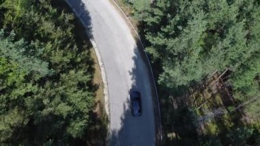 Bulgaristan - 07 26 2024: Ormanda yoldan geçen bir araba. 4K 30fps 'de yukarıdan ateş edilmiş. Sinema ve hava görüntüsü.