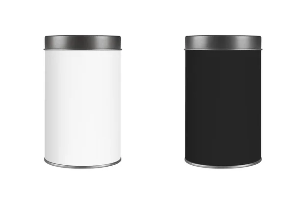 3D铁罐白色和黑色的彩色产品包装造型气缸形式的设计 物体在白色背景上隔离 3D渲染 — 图库照片