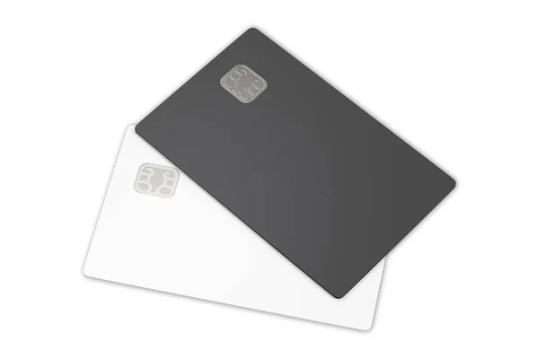 白の背景に黒と白のクレジットカードモックアップが隔離されています 3Dレンダリング — ストック写真