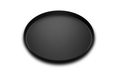 boş siyah yuvarlak siyah tepsi beyaz arkaplanda izole edilmiş gölge ile