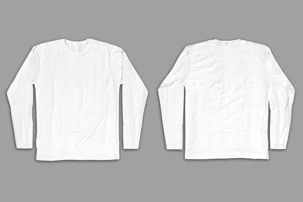 Branco Branco Branco Shirt Mangas Compridas Modelo Fundo Cinza — Fotografia de Stock