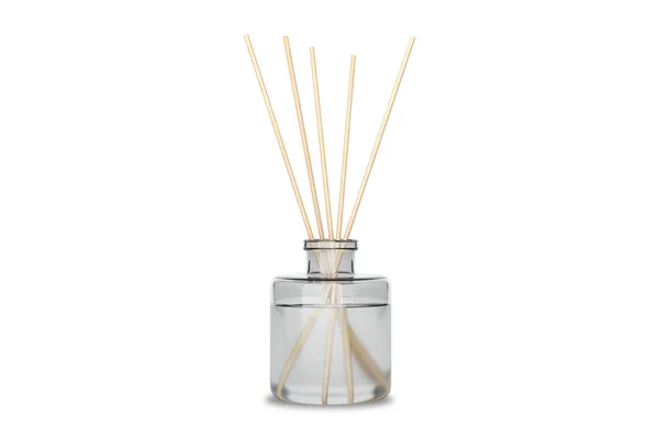 Blanco Transparant Aromatisch Rietdiffusorflesje Model Met Leeg Etiket Huisparfum Met — Stockfoto