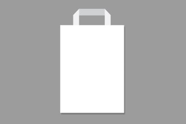 Gri arka planda izole edilmiş kulplu boş beyaz kağıt torba. 3D görüntüleme. Çevre dostu.