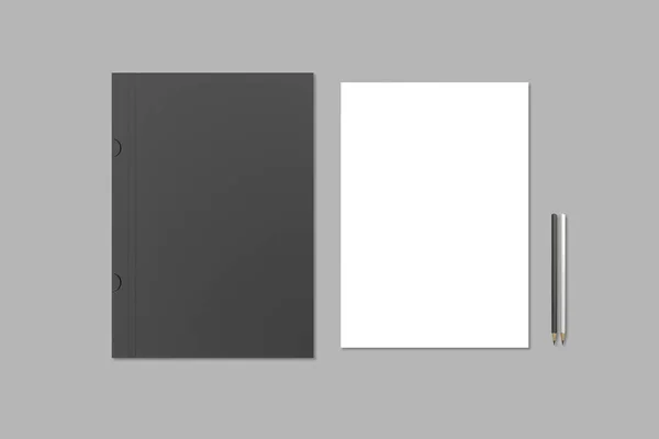 Carpeta Papel Hoja Papel Con Lápices Blanco Negro Mockup Aislado — Foto de Stock