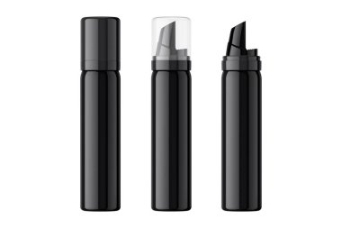 Siyah parlak köpük şişeleri, siyah ve şeffaf kapak kapağı, beyaz arka planda izole edilmiş. Siyah saç şekillendirme köpüğü şişesi. 3d oluşturma.