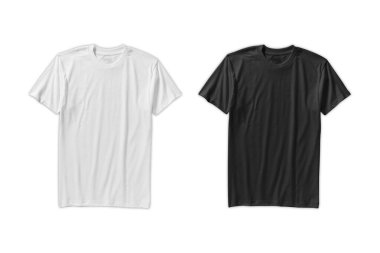 Beyaz ve siyah tişörtlerin maketi, beyaz arka planda izole edilmiş, 3 boyutlu.