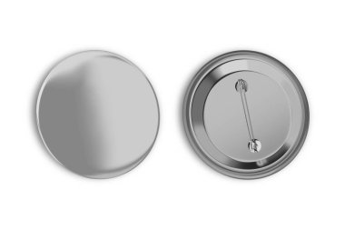 Boş rozetler. Ön ve arka görünüm düğmeleri. Yuvarlak metal düğmeler ya da parlak daireli plastik 3D pim. 3d oluşturma.