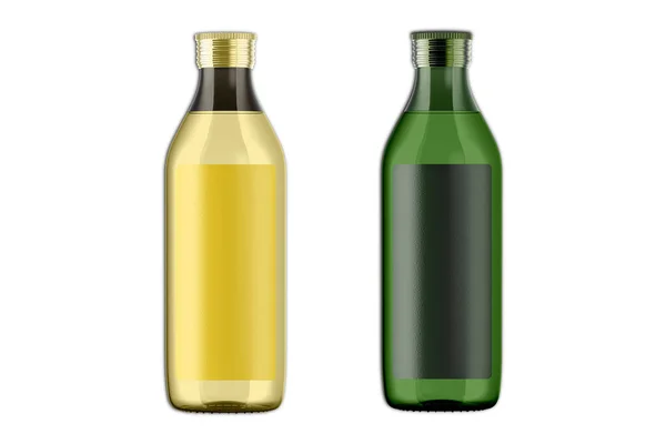 Botellas Aceite Vidrio Maqueta Aislada Sobre Fondo Blanco Renderizado — Foto de Stock