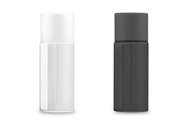 Siyah beyaz sprey şişesi. Deodorant, saç spreyi veya diğer saç bakım ürünleri kozmetik şişe 3D..