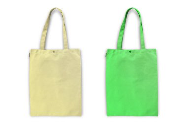 Beyaz arka planda kumaş çanta modeli. Yeşil ve bej renkli kumaş branda çanta. Ön ve yan görüş. Sıfır atık ve çevre dostu kavram. 3d oluşturma.