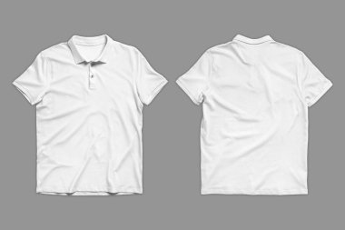 Boş yaka modelleme şablonu, ön ve arka görünüm, beyaz, basit tişört modeli. Polo tişört izi tasarımı. Polo tişört 3D görüntülemesinin ön ve arka görünümü.
