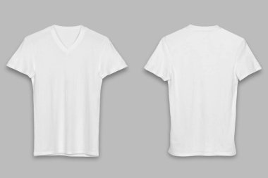 Siyah beyaz yaka tişört şablonu. Kısa kollu tişört gerçekçi bir model, gri bir arka planda izole edilmiş. Ön ve arka 3D görüntüleme.