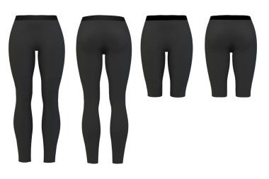 Boş siyah tayt maketleri izole edilmiş. Temiz tozluklar şablonu. Kumaş pantolon tasarımı sunumu. Spor pantolonlar streç tayt modelleri giyiyor. Kısa ve uzun bacaklı kadın spor yoga giysisi..