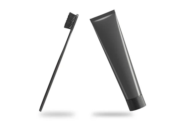 Schwarze Zahnbürste Mit Zahnpasta Tube Attrappe Isoliert Auf Weißem Hintergrund — Stockfoto