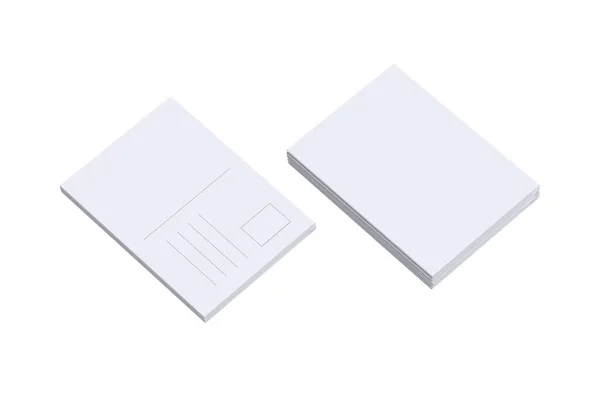 白い背景に隔離されたポストカードモックアップのスタック 3Dレンダリング 前と後ろの景色 — ストック写真