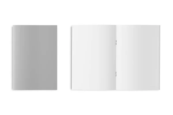 デザインのプレゼンテーションのためのステープルモックアップテンプレートと空のブランクホワイトカタログ小冊子 白い背景に隔離されたオープンパンフレットのテンプレート 3Dレンダリング トップビュー — ストック写真