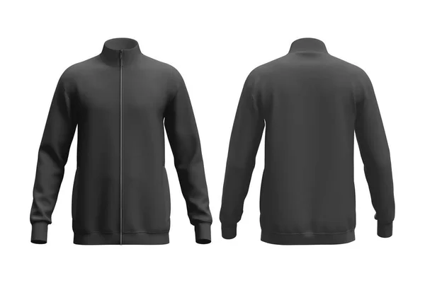 Siyah eşofman üstü, spor ceket ya da uzun kollu siyah kazak öndeki ve arkadaki şablon. Yalıtılmış spor giyim ya da modern unisex fermuarlı spor giyimi 3D görüntüleme.